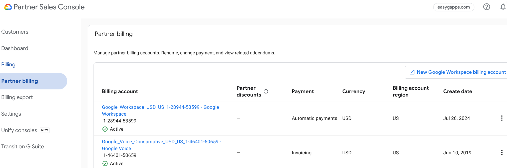 easyGapps Partner Sales Console showing billing accounts