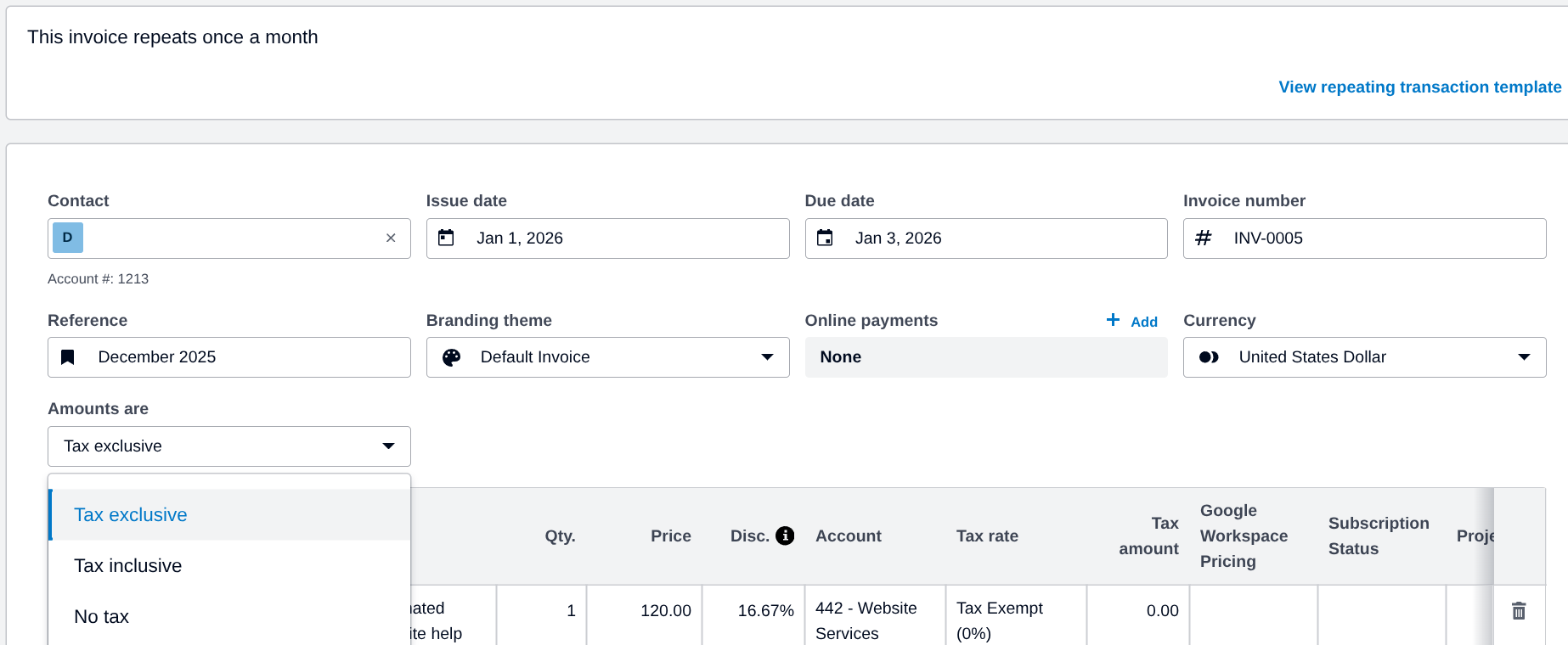 Generated invoice in Xero with Google Workspace line items and automated tax allocation