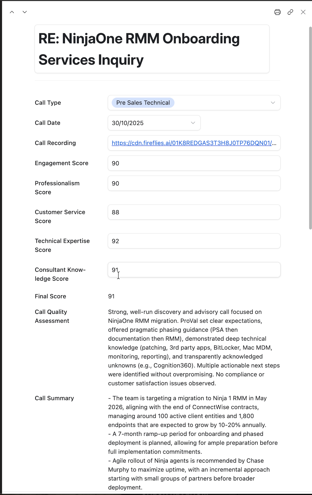 Individual call scorecard with criteria scores and quality assessment
